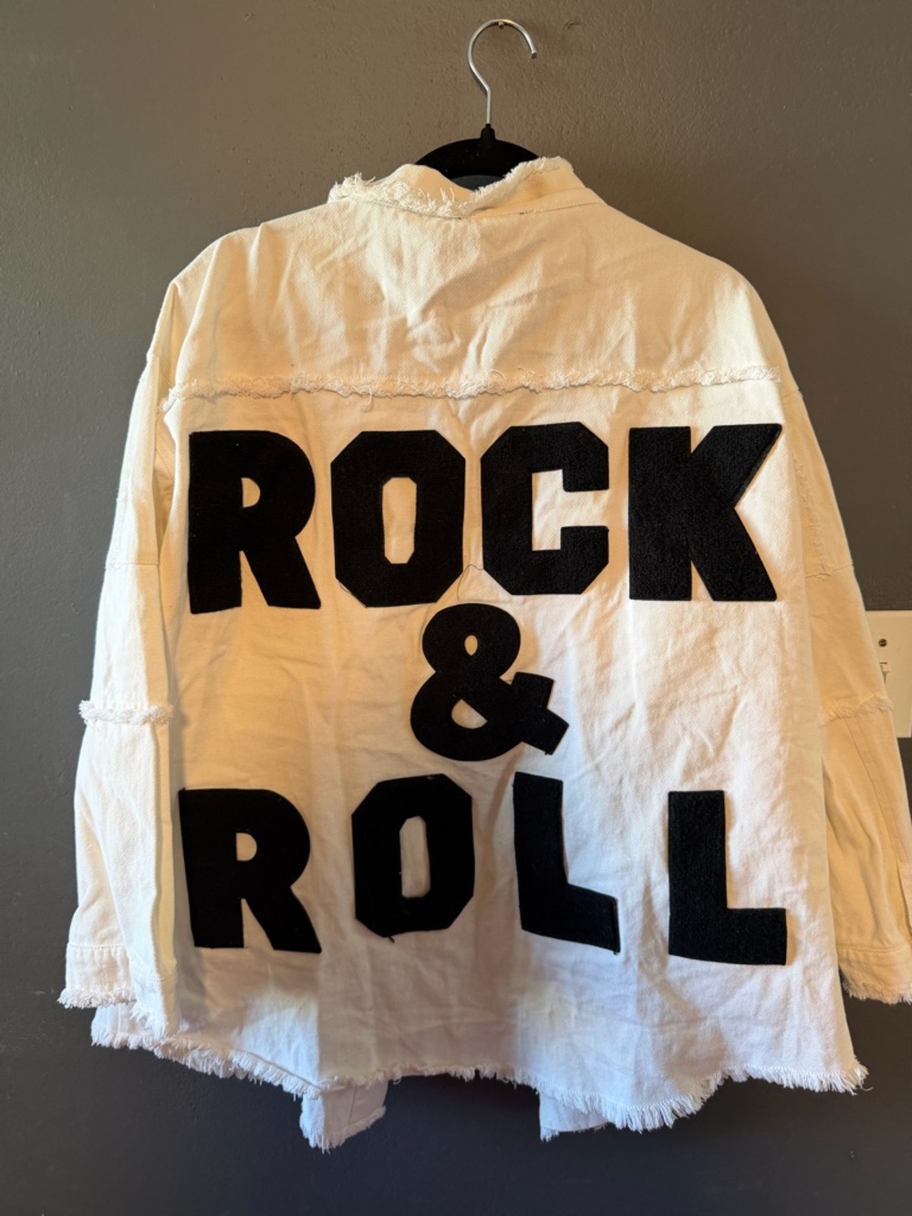 Cream Oversized Jacket with Bold Black 'ROCK & ROLL' Appliqué